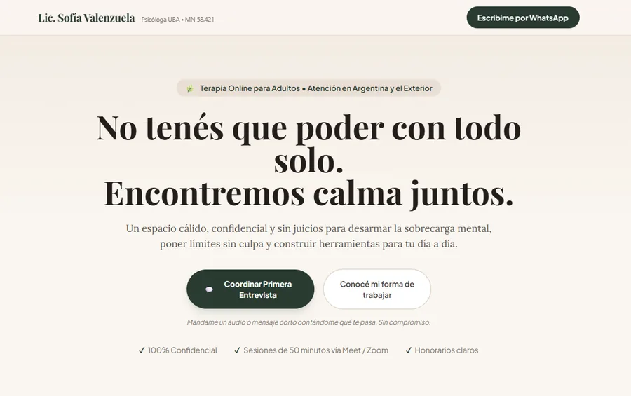 Vista previa de una landing para psicología online